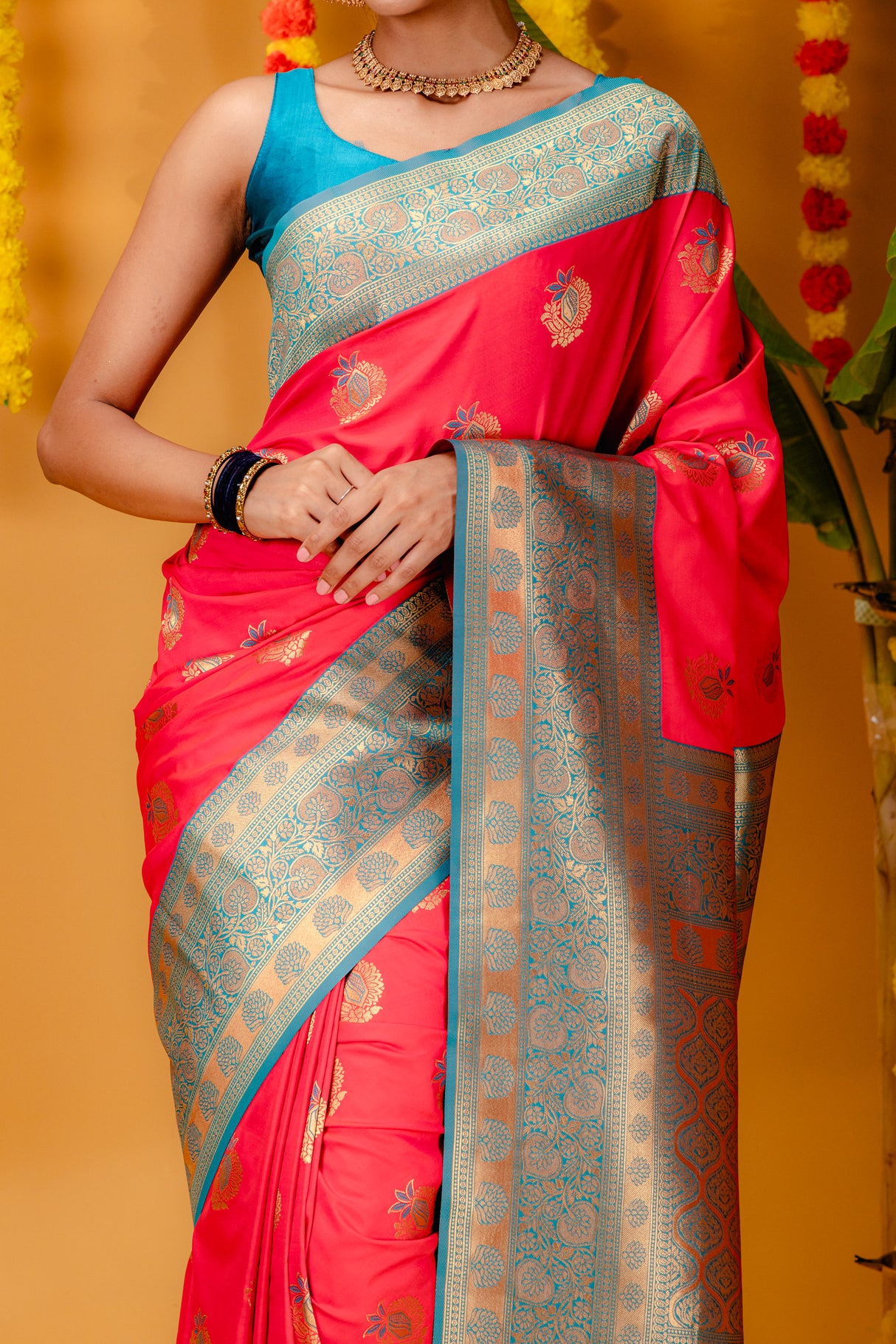 Mimosa Women's Woven Design Kanjivaram Style Art Silk Saree With Blouse Piece : SA00001693GJFREE