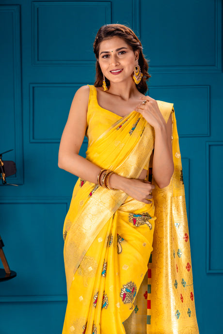 Mimosa Women's Woven Design Banarasi Style Art Silk Saree With Blouse Piece : SA00001740GDFREE