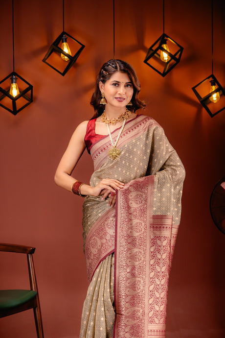 Mimosa Women's Woven Design Kanjivaram Style Art Silk Saree With Blouse Piece : SA00001612CKFREE