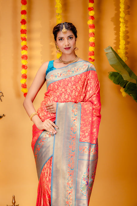 Mimosa Women's Woven Design Paithani Style Art Silk Saree With Blouse Piece : SA00001654GJFREE