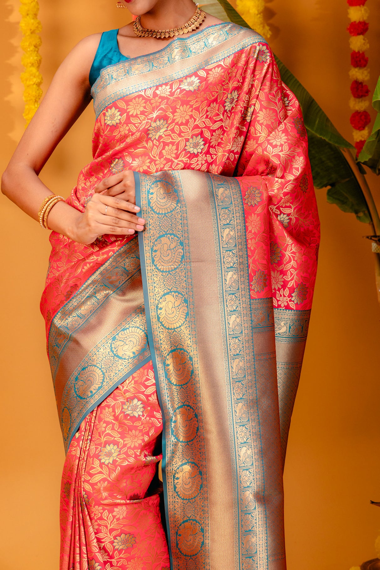 Mimosa Women's Woven Design Kanjivaram Style Art Silk Saree With Blouse Piece : SA00001608GJFREE