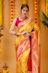 Mimosa Women's Woven Design Kanjivaram Style Art Silk Saree With Blouse Piece : SA00001608GDFREE