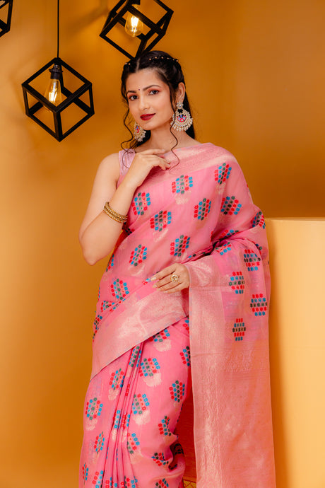 Mimosa Women's Woven Design Banarasi Style Art Silk Saree With Blouse Piece : SA00001595PNKFREE