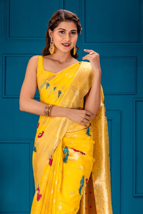 Mimosa Women's Woven Design Banarasi Style Art Silk Saree With Blouse Piece : SA00001739GDFREE