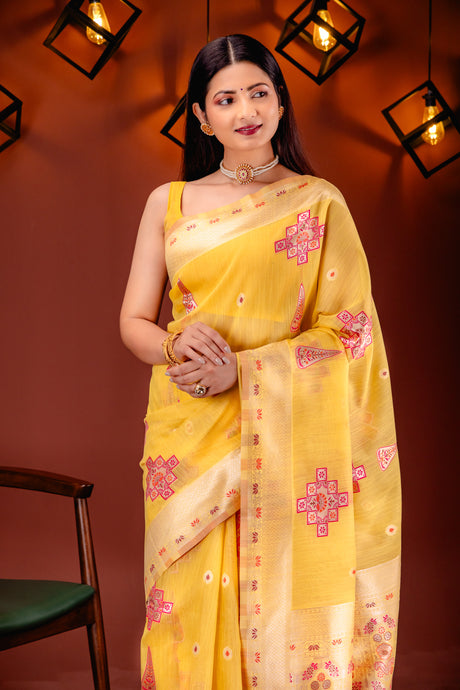 Mimosa Women's Woven Design Banarasi Style Art Silk Saree With Blouse Piece : SA00001792YLWFREE