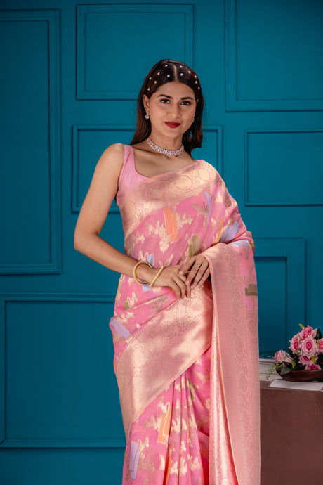 Mimosa Women's Woven Design Banarasi Style Art Silk Saree With Blouse Piece : SA00001768PNKFREE