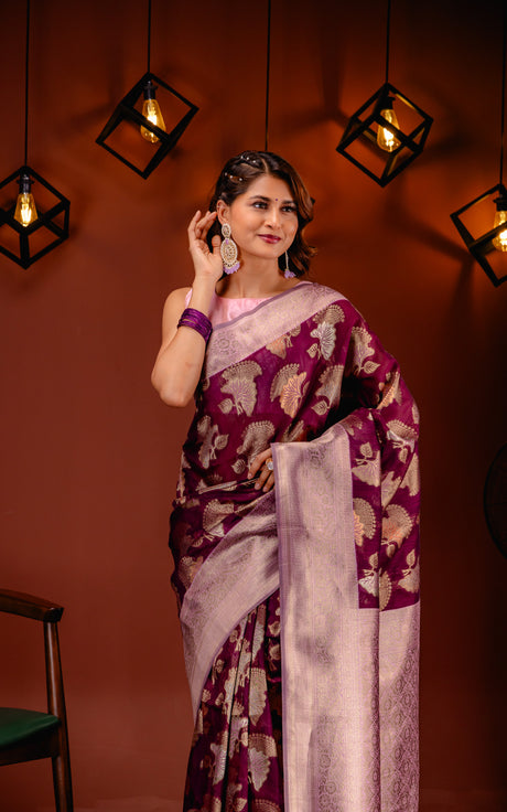 Mimosa Women's Woven Design Kanjivaram Style Art Silk Saree With Blouse Piece : SA00001735WNFREE
