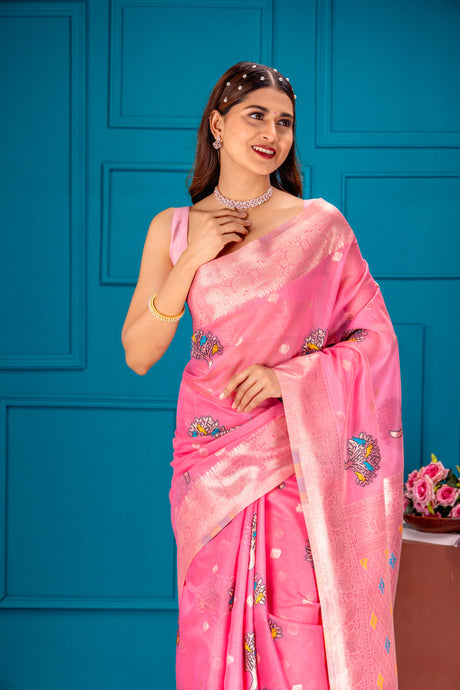Mimosa Women's Woven Design Banarasi Style Art Silk Saree With Blouse Piece : SA00001740PNKFREE