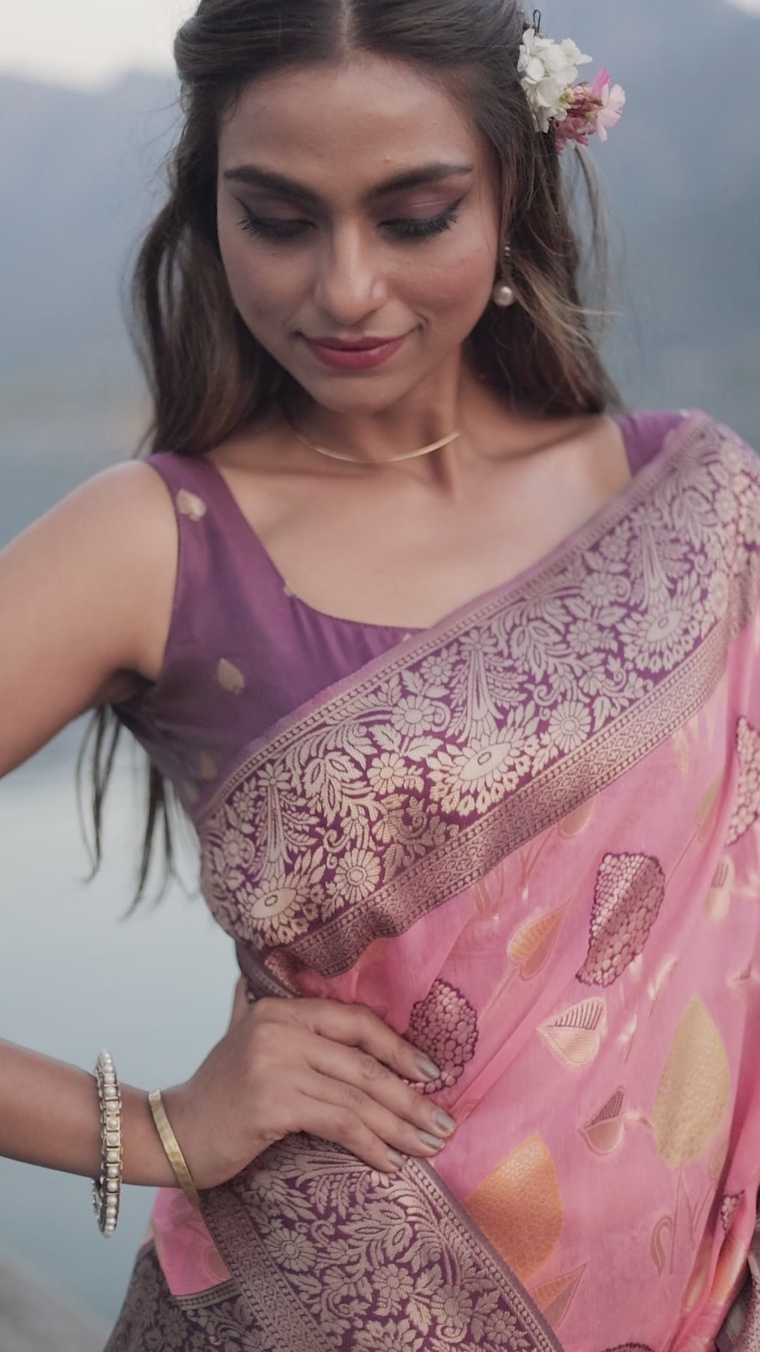 Mimosa Women's Woven Design Kanjivaram Linen Saree With Blouse Piece : SA00001248PNKFREE