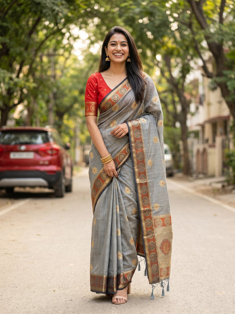 MIMOSA Grey Kanjivaram tusser Saree — lifestyle pose