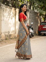 MIMOSA Grey Kanjivaram tusser Saree — pose 3 styling detail