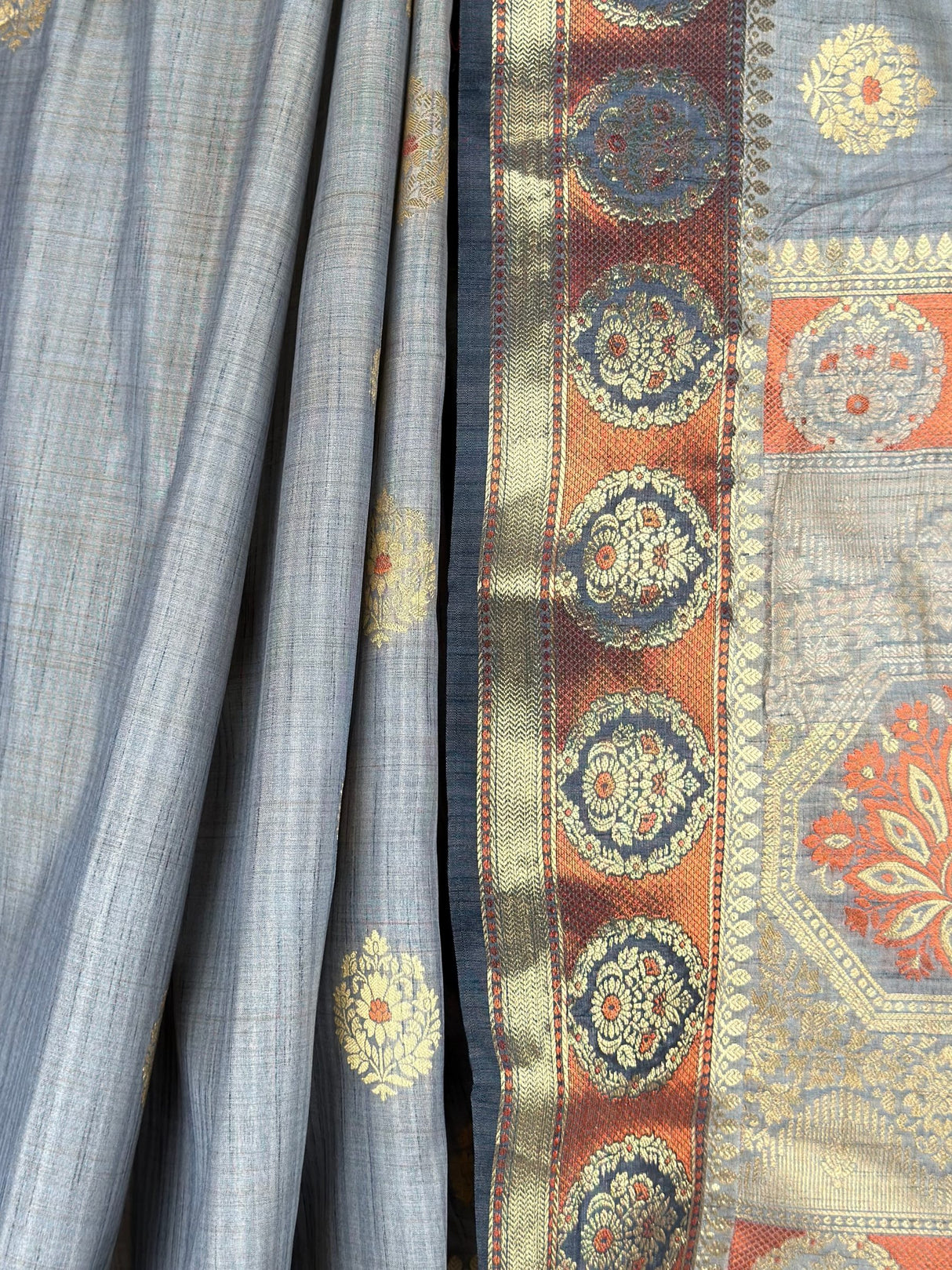 MIMOSA Grey Kanjivaram tusser Saree — fleets shot full lifestyle