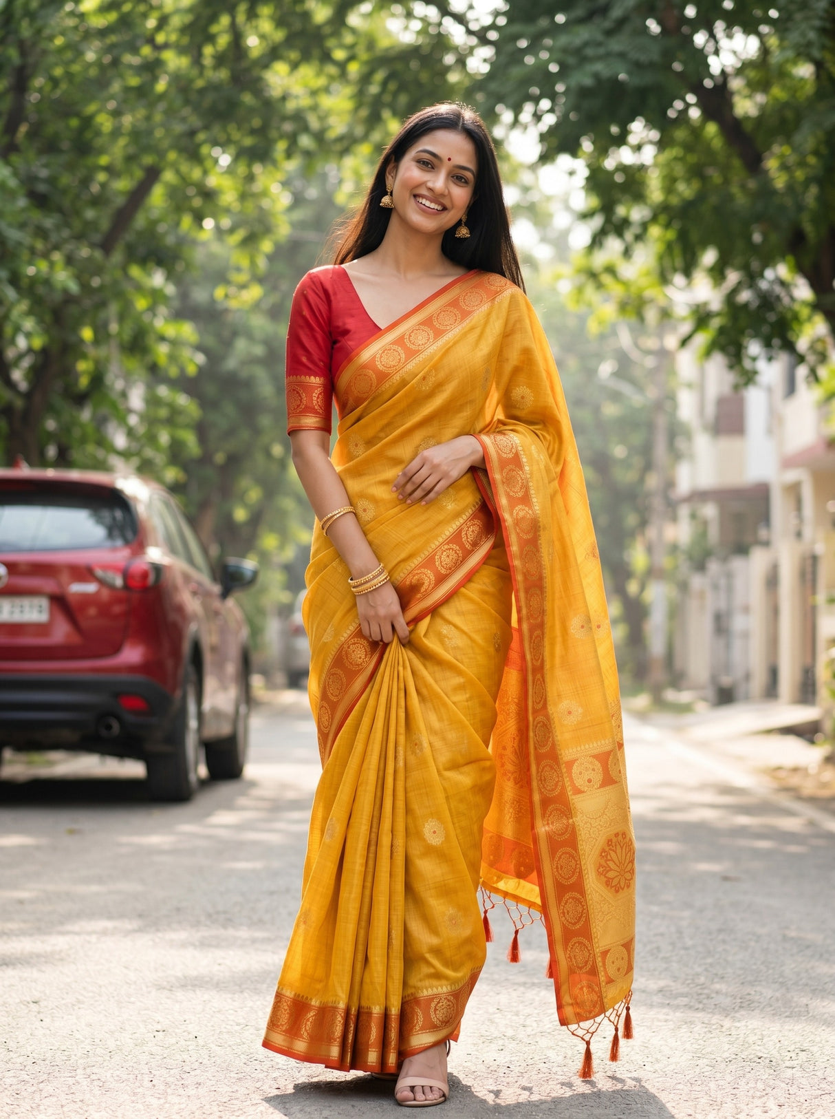 MIMOSA Mustard Kanjivaram tusser Saree — lifestyle pose