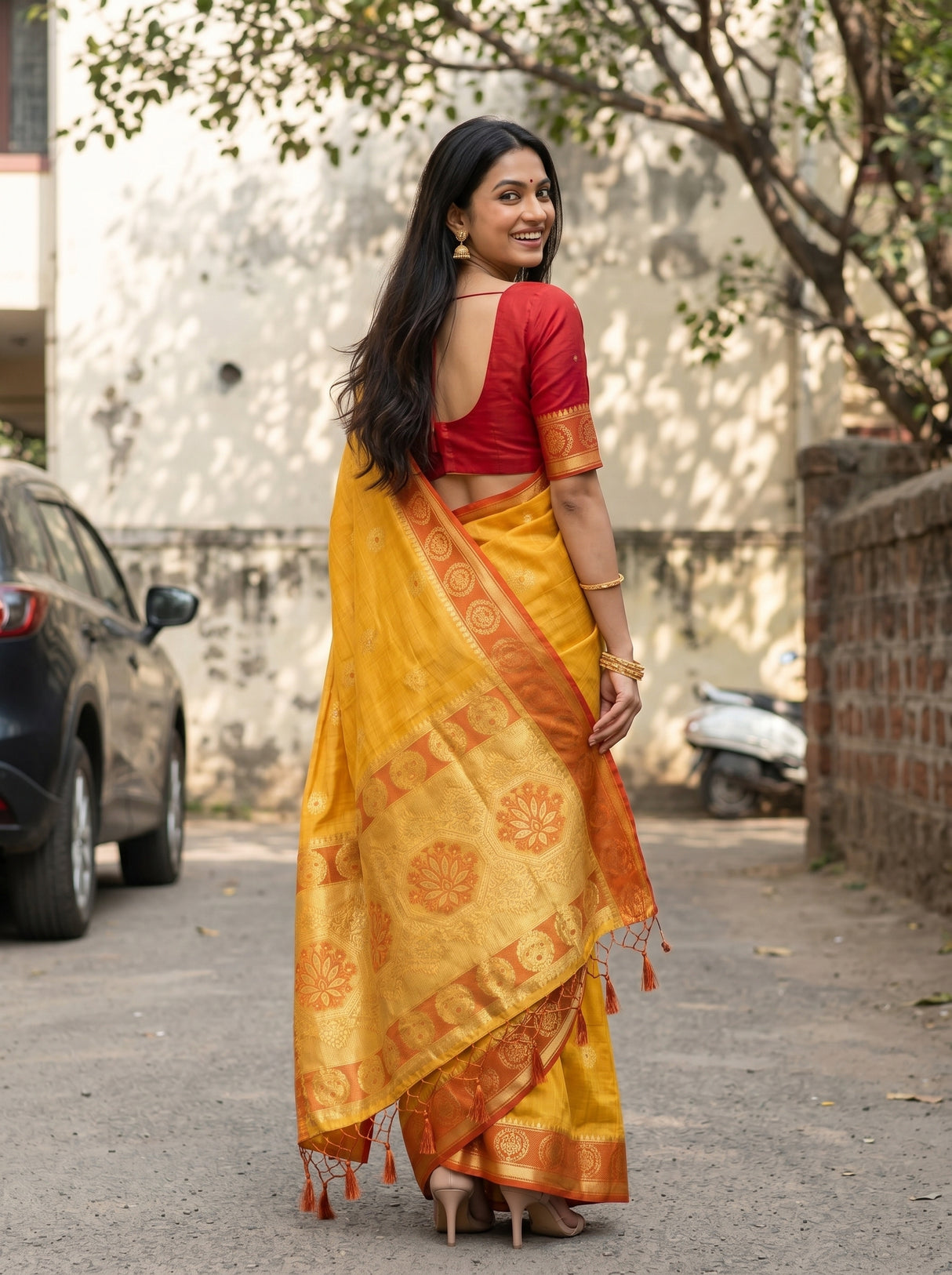 MIMOSA Mustard Kanjivaram tusser Saree — pose 2 styling detail