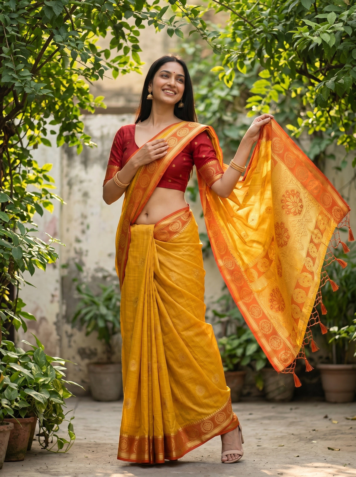 MIMOSA Mustard Kanjivaram tusser Saree — pose 5 styling detail