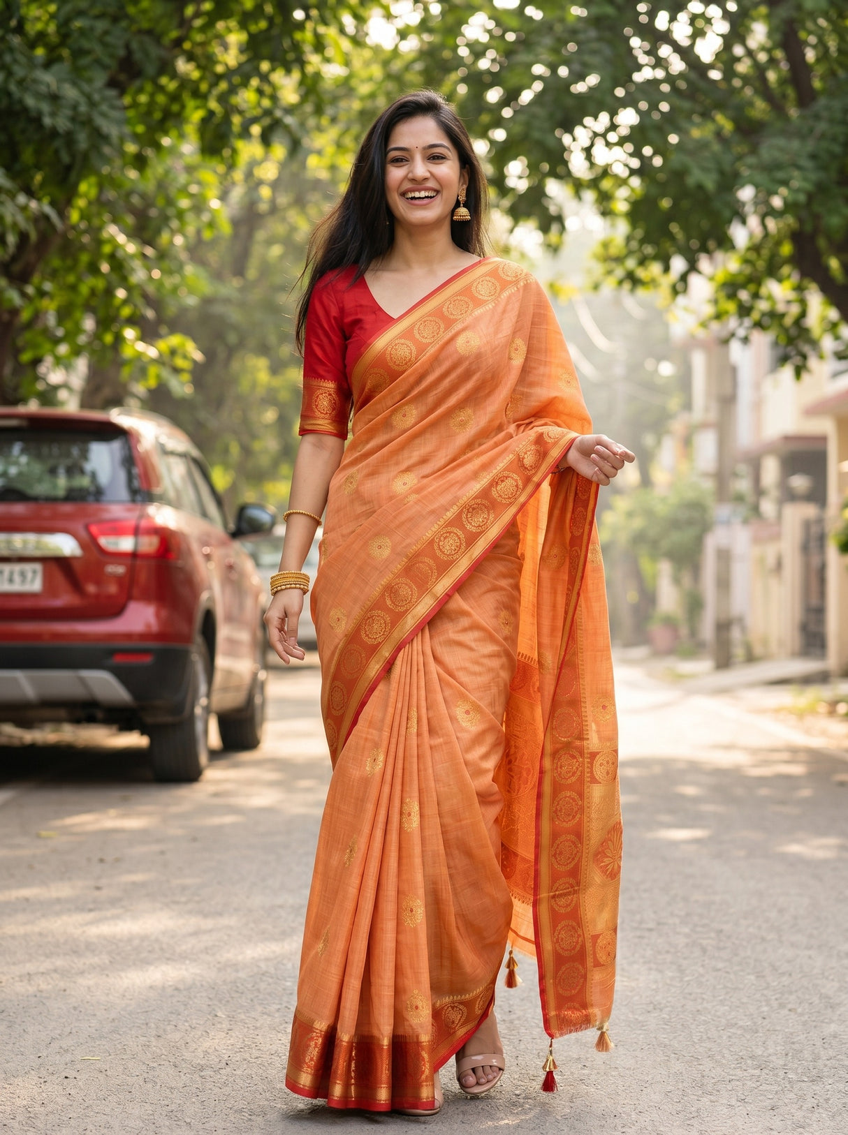 MIMOSA Peach Kanjivaram tusser Saree — lifestyle pose