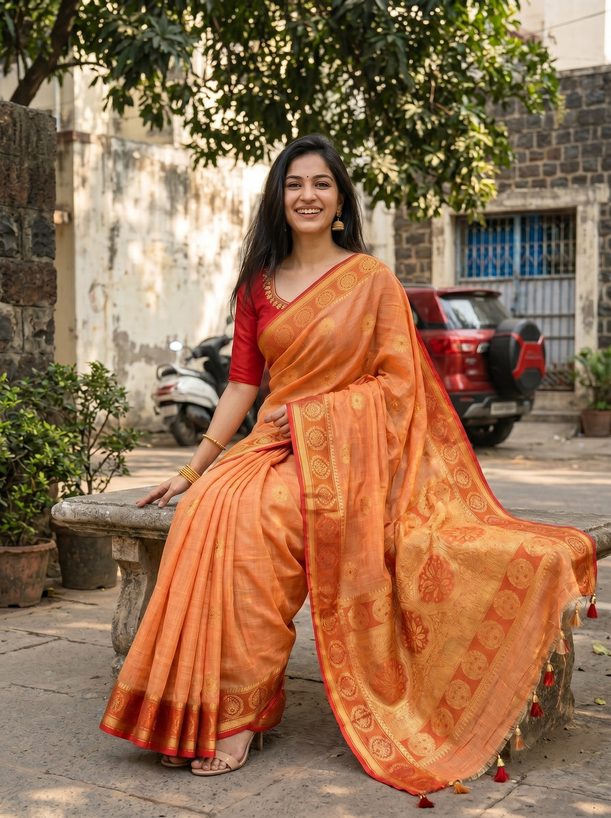 MIMOSA Peach Kanjivaram tusser Saree — pose 8 styling detail