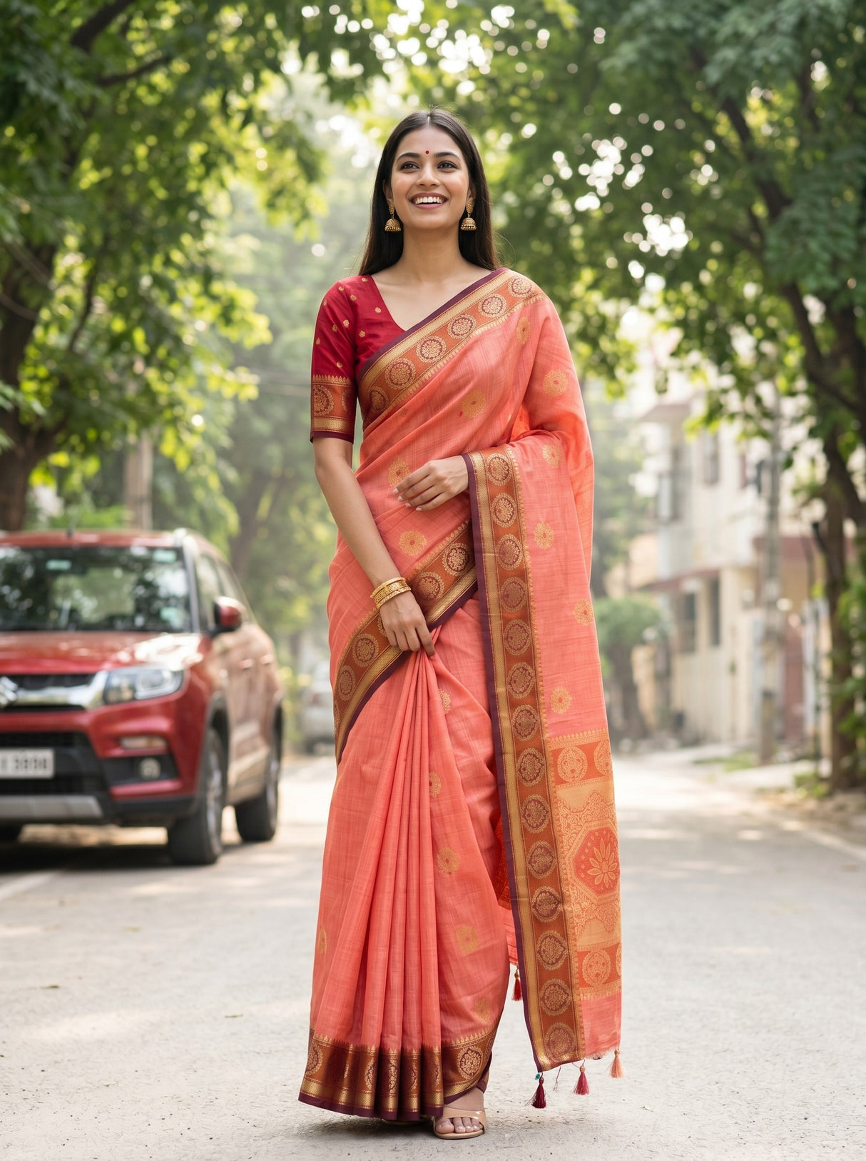 MIMOSA Pink Kanjivaram tusser Saree — lifestyle pose