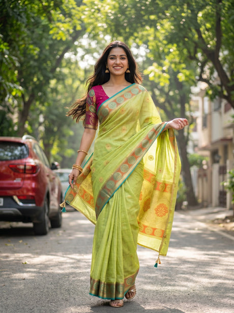MIMOSA Pista Kanjivaram tusser Saree — lifestyle pose