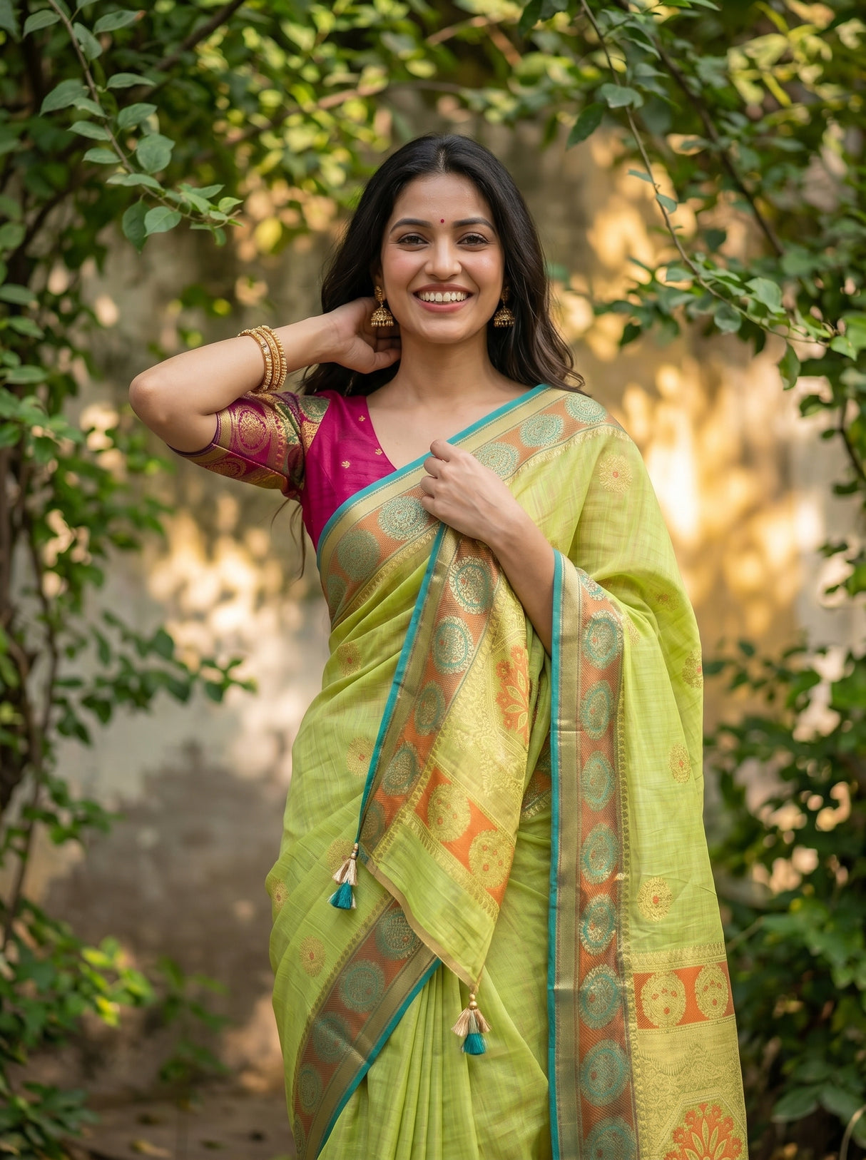 MIMOSA Pista Kanjivaram tusser Saree — pose 10 styling detail