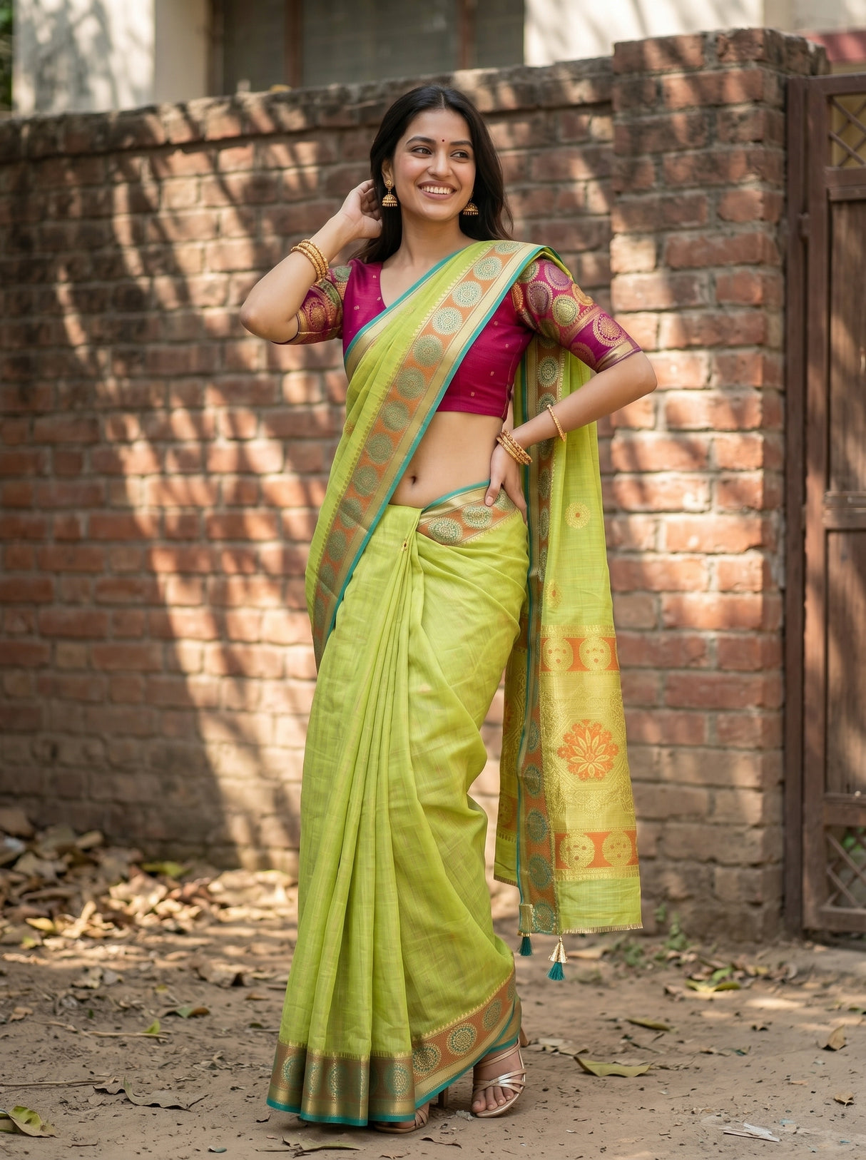 MIMOSA Pista Kanjivaram tusser Saree — pose 4 styling detail