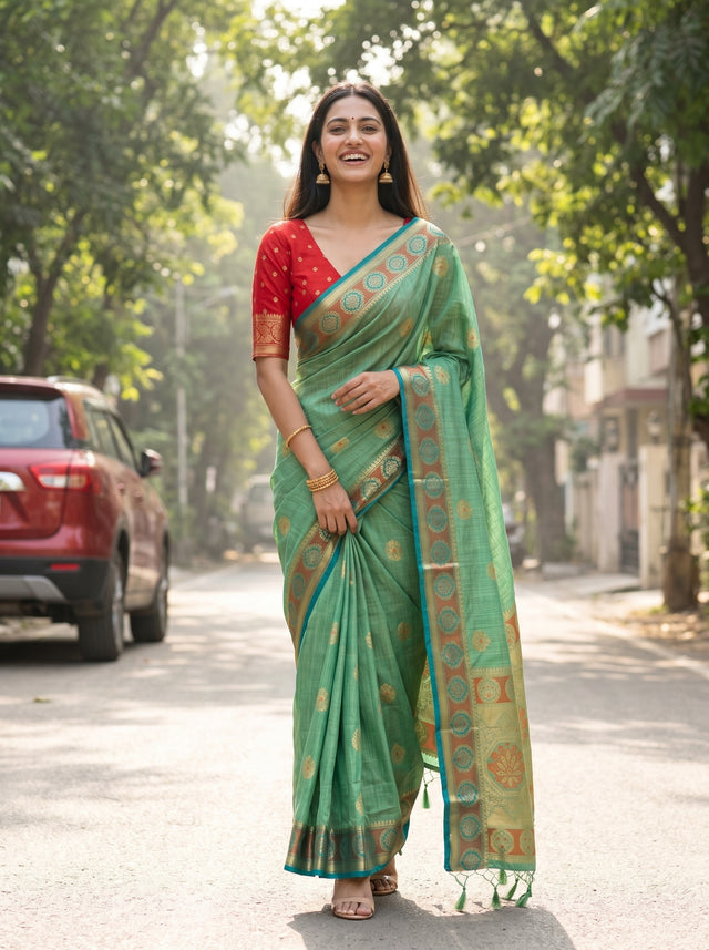 MIMOSA Rama Kanjivaram tusser Saree — lifestyle pose