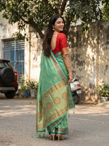 MIMOSA Rama Kanjivaram tusser Saree — pose 2 styling detail