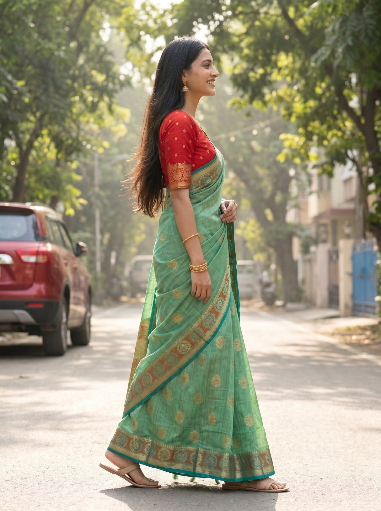 MIMOSA Rama Kanjivaram tusser Saree — pose 3 styling detail