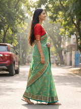 MIMOSA Rama Kanjivaram tusser Saree — pose 3 styling detail