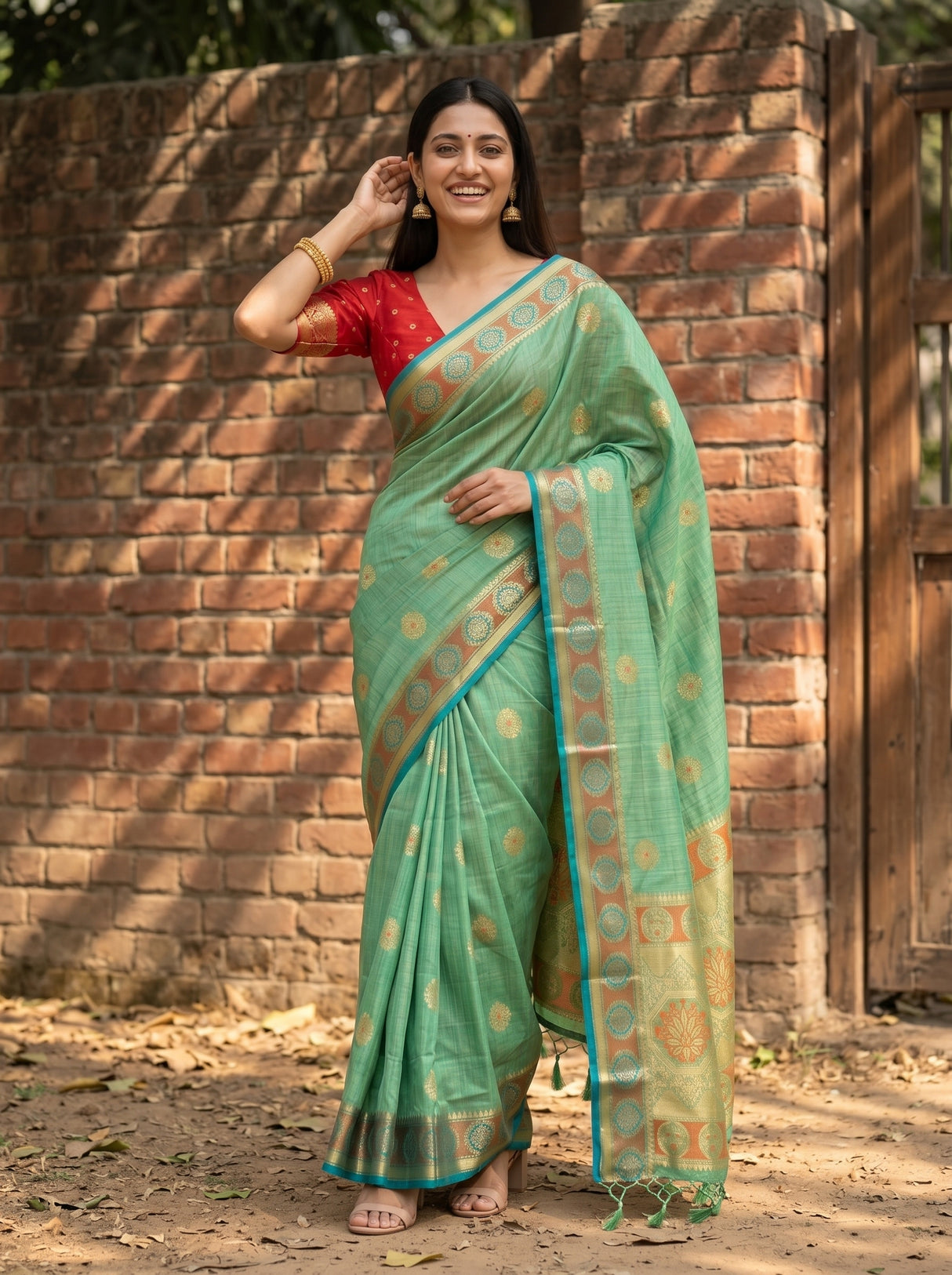 MIMOSA Rama Kanjivaram tusser Saree — pose 4 styling detail