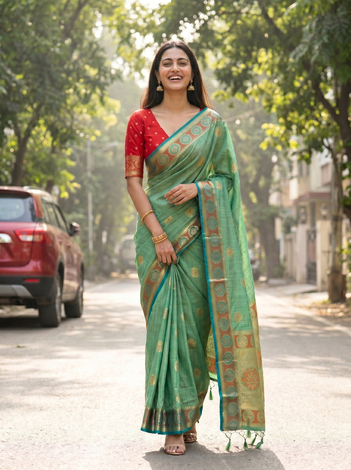 MIMOSA Rama Kanjivaram tusser Saree — pose 6 styling detail