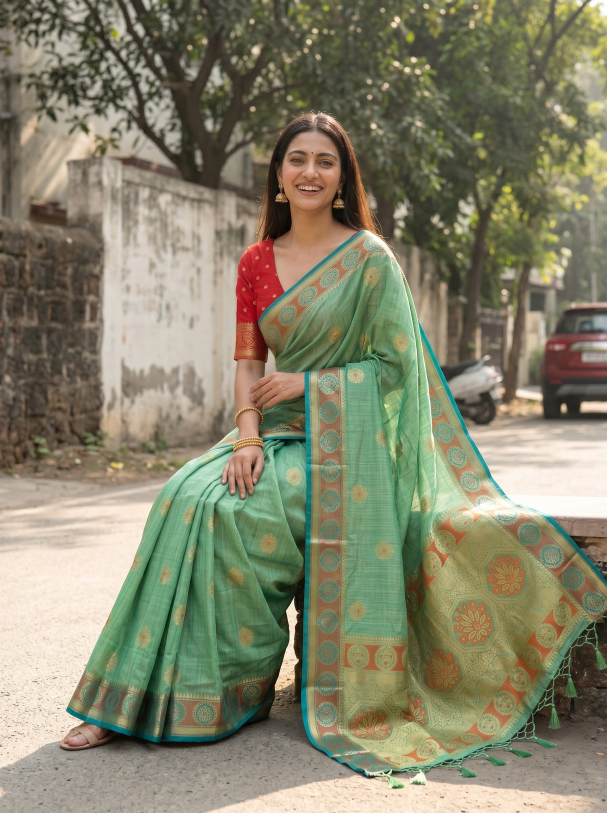 MIMOSA Rama Kanjivaram tusser Saree — pose 8 styling detail