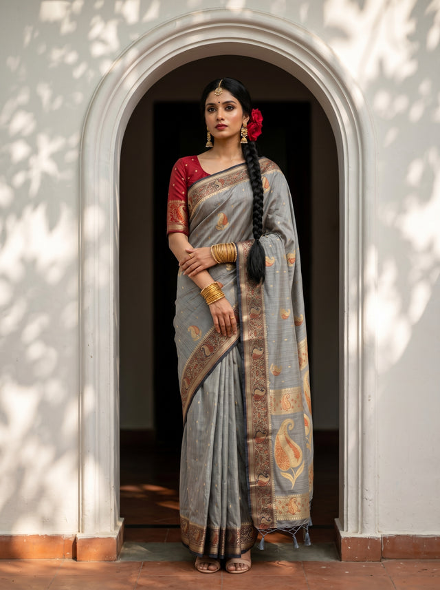 MIMOSA Grey Kanjivaram tusser Saree — model standing