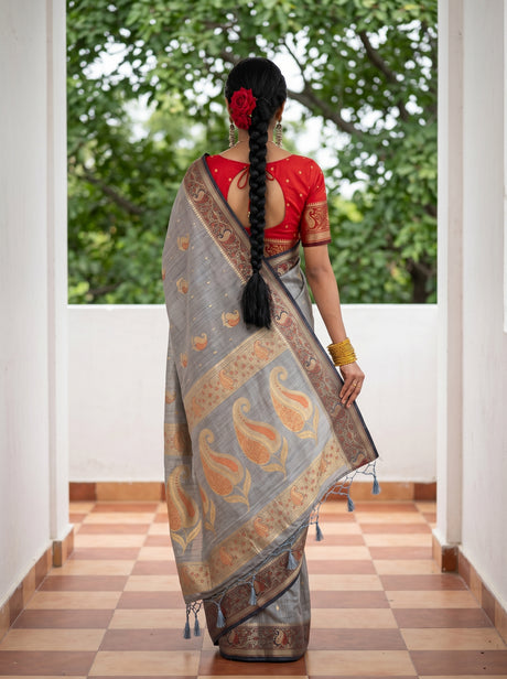 MIMOSA Grey Kanjivaram tusser Saree — model close-up