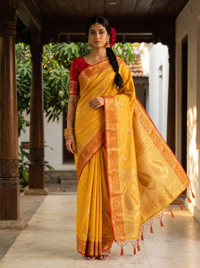 MIMOSA Mustard Kanjivaram tusser Saree — model standing