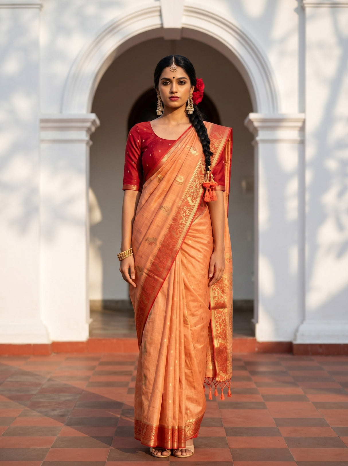 MIMOSA Peach Kanjivaram tusser Saree — model standing