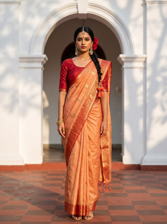 MIMOSA Peach Kanjivaram tusser Saree — model standing