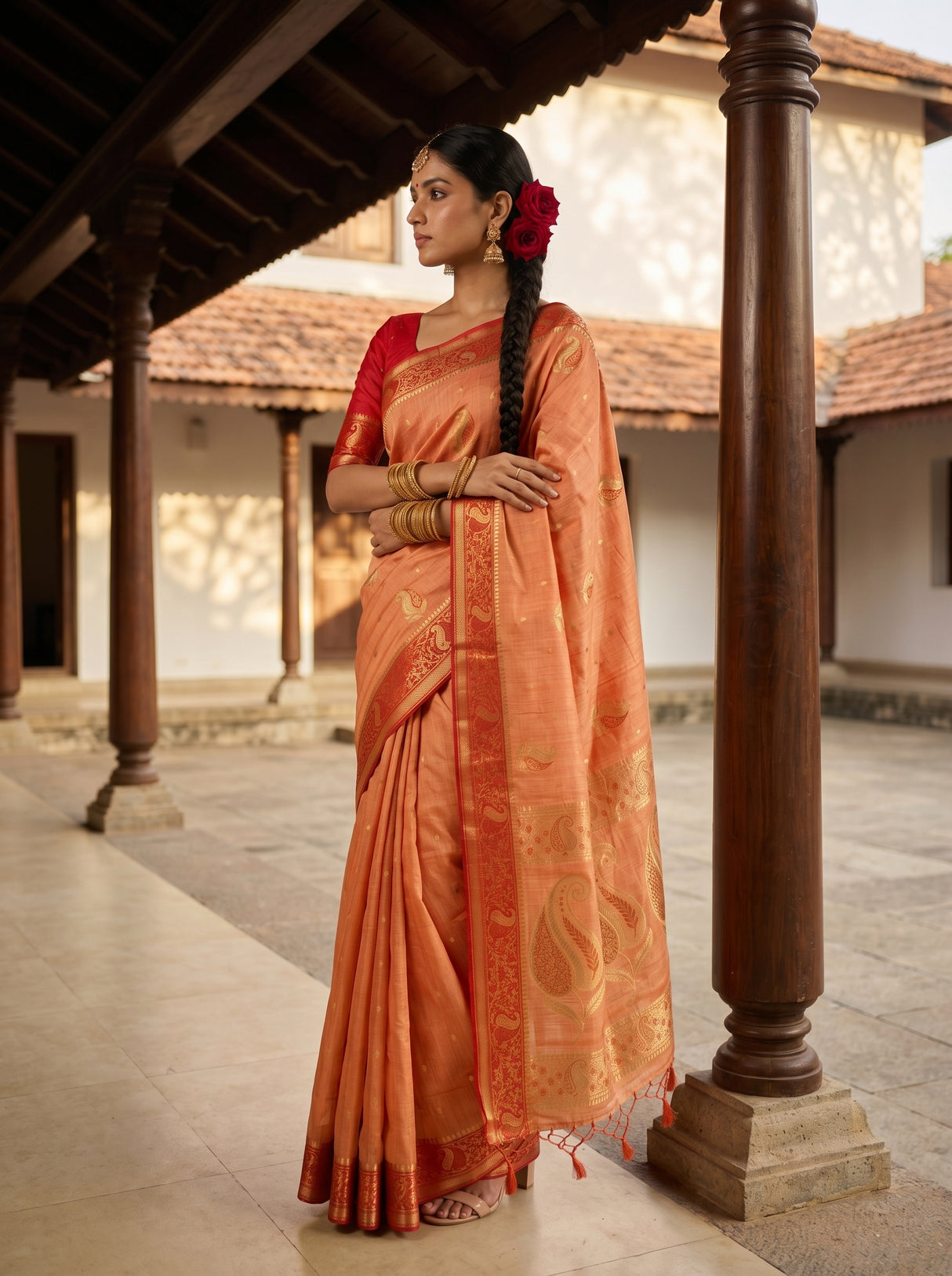 MIMOSA Peach Kanjivaram tusser Saree — saree detail