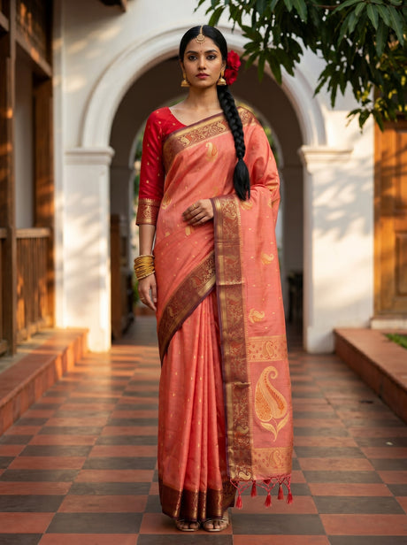 MIMOSA Pink Kanjivaram tusser Saree — model standing