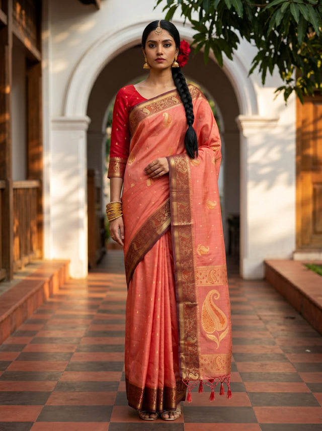 MIMOSA Pink Kanjivaram tusser Saree — model standing