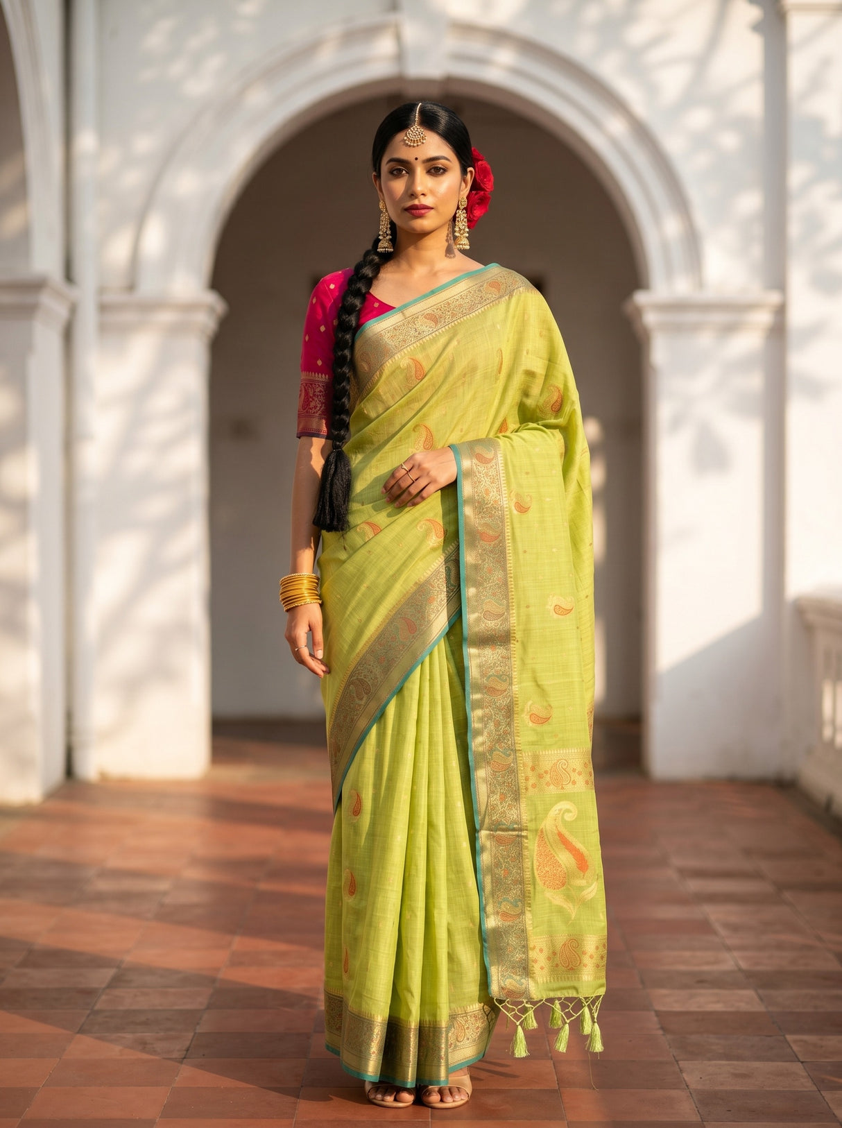 MIMOSA Pista Kanjivaram tusser Saree — model standing