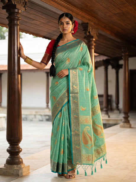 MIMOSA Rama Kanjivaram tusser Saree — model standing