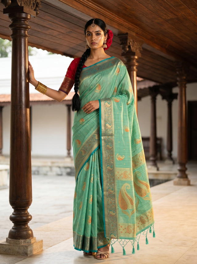 MIMOSA Rama Kanjivaram tusser Saree — model standing