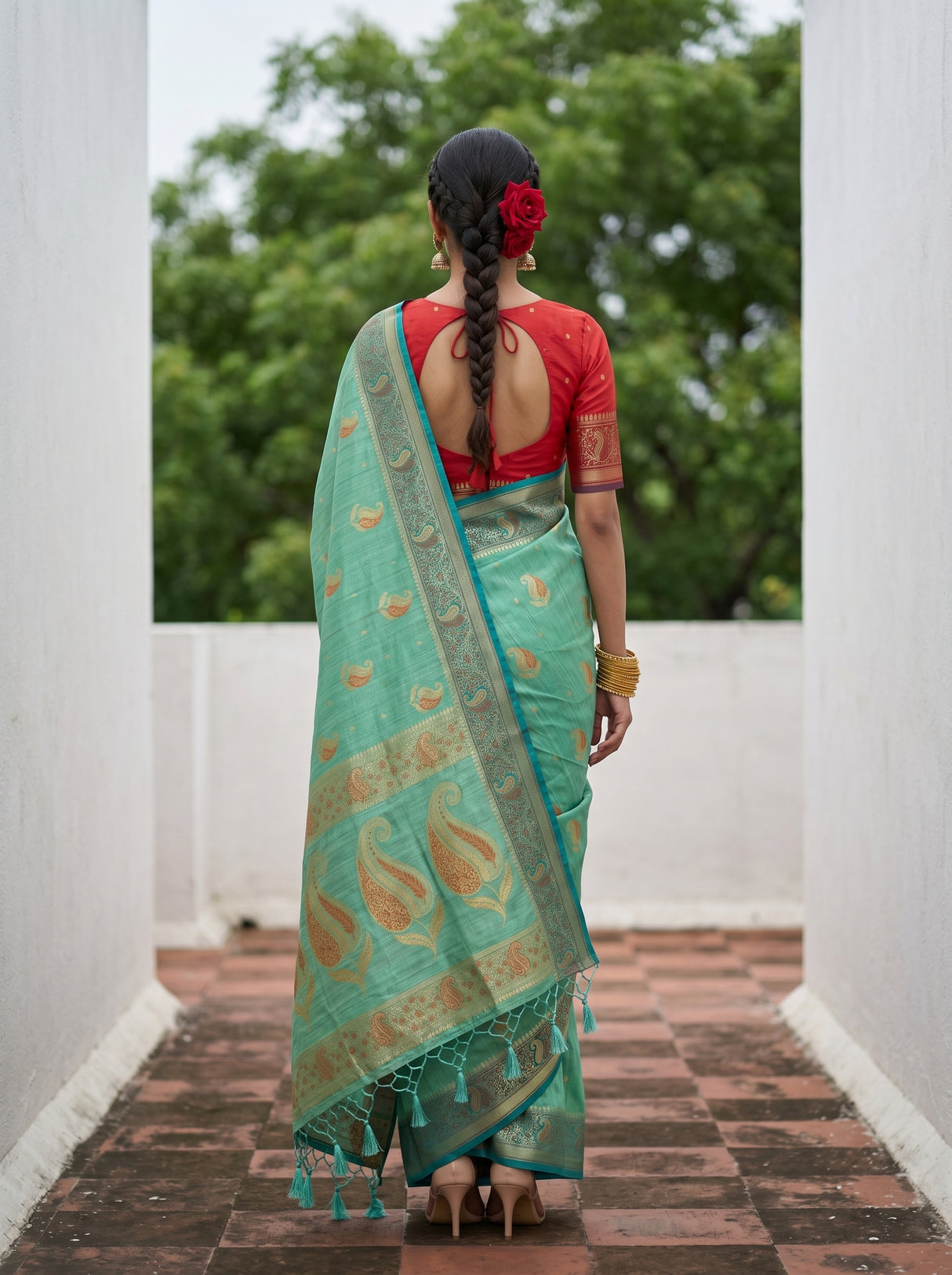 MIMOSA Rama Kanjivaram tusser Saree — model close-up