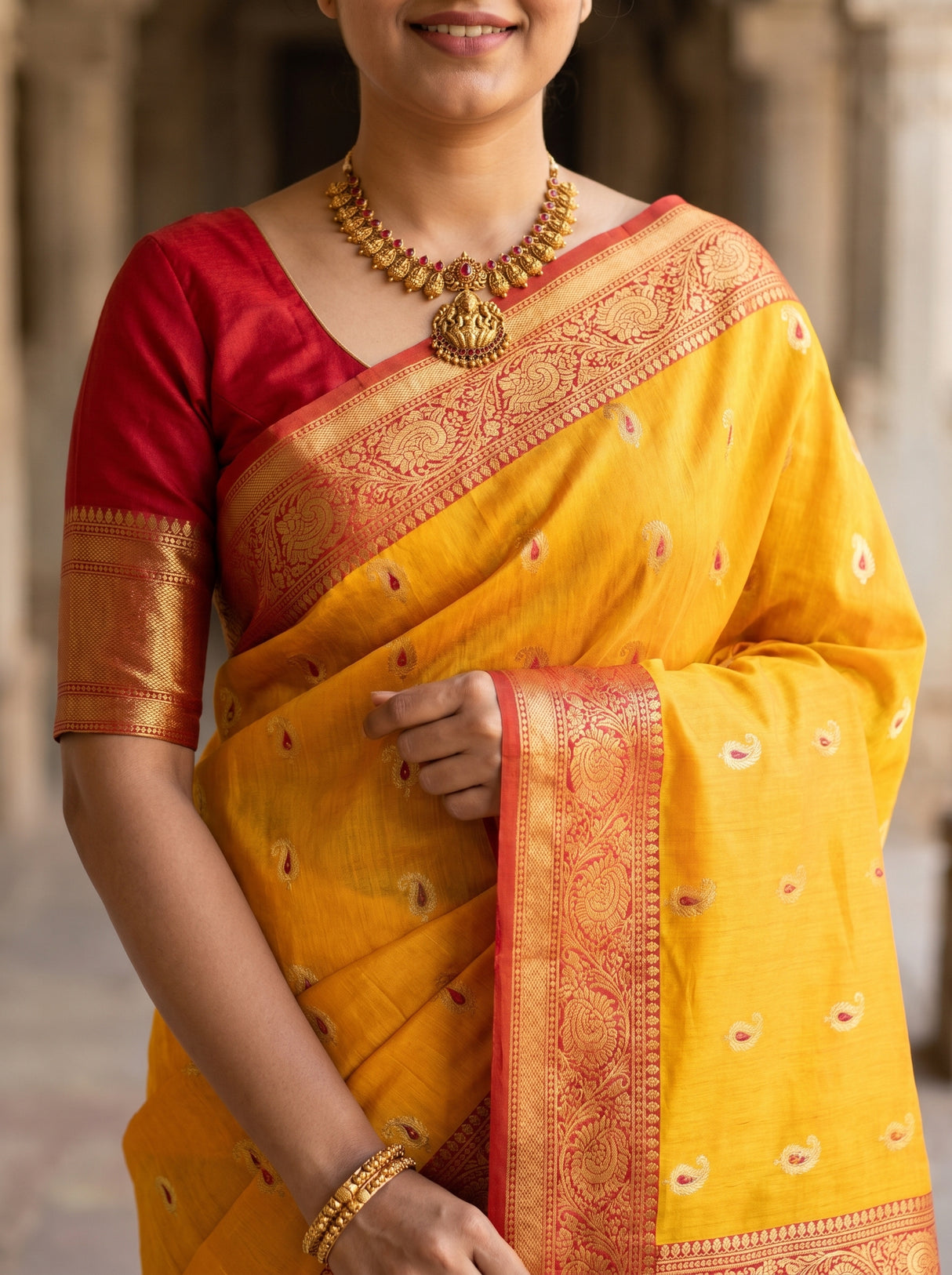 MIMOSA Mustard Banarasi Art Silk Saree — pose 10 styling detail