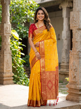MIMOSA Mustard Banarasi Art Silk Saree — front view on mannequin