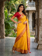 MIMOSA Mustard Banarasi Art Silk Saree — pose 2 styling detail