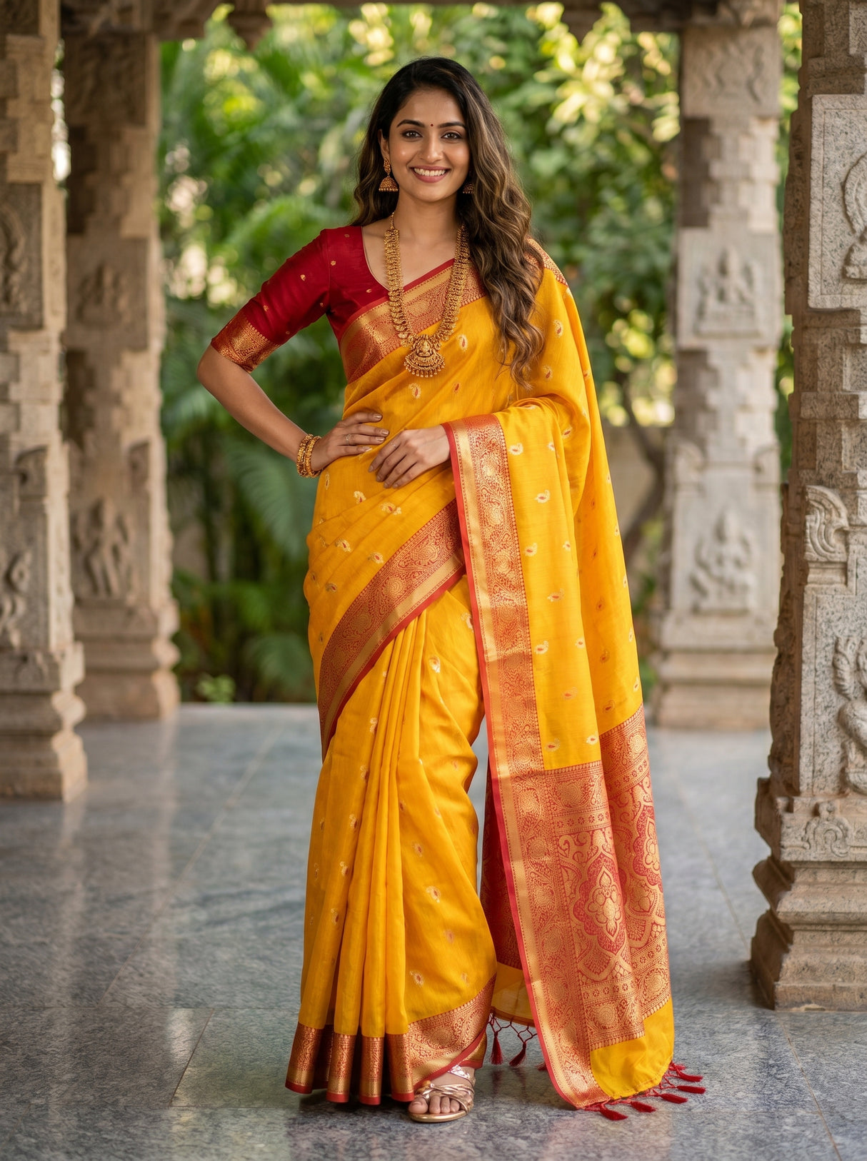 MIMOSA Mustard Banarasi Art Silk Saree — model in a festive setting