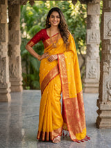 MIMOSA Mustard Banarasi Art Silk Saree — model in a festive setting