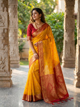 MIMOSA Mustard Banarasi Art Silk Saree — pose 4 styling detail